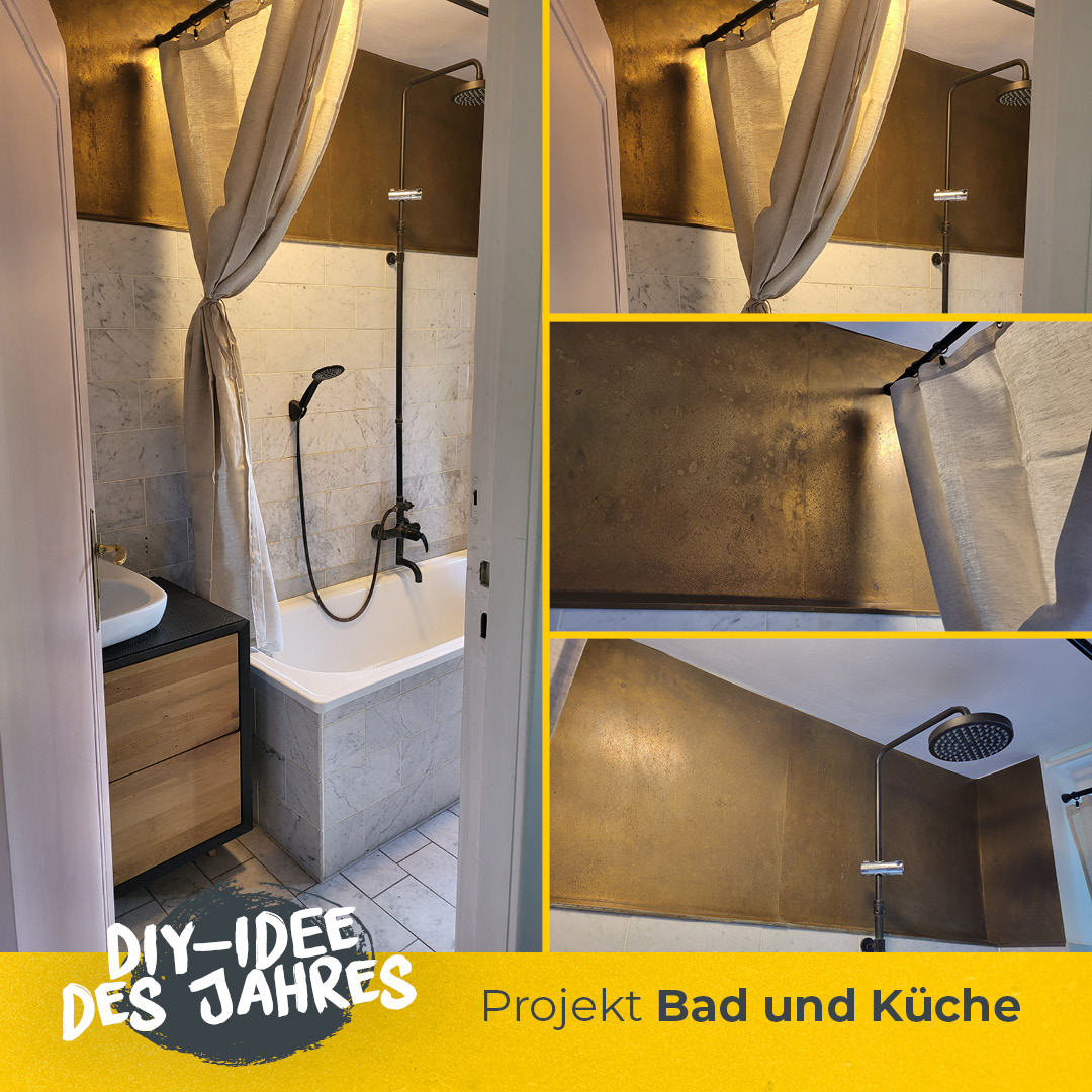 DIY Badezimmerprojekt goldene Wand mit Blech